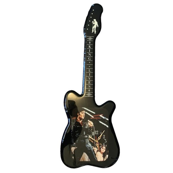 Vintage Elvis Presley King Lives Guitar Shaped Clock Wood Lacquered 32" X 11" - Picture 1 of 10